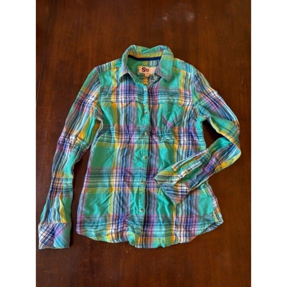 SO brand flannel button up girls teens juniors vintage soft collared cotton sz M